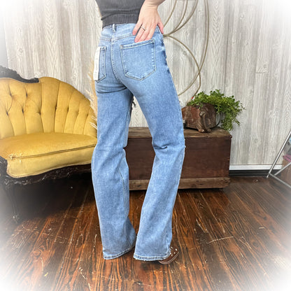 Lina - Risen High Rise Wide Leg Distressed Jeans – Light Medium Wash