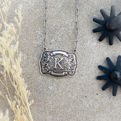 Western Buckle Initial Necklace – Bold Letter Pendant on Paperclip Chain