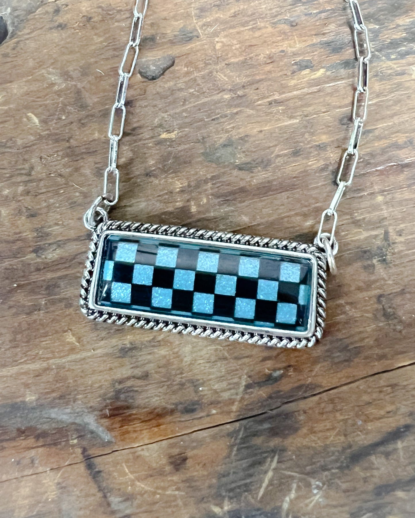 Western Checkered Bar Stone Necklace - Blue