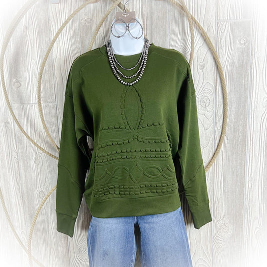 Cowpoke Boot Stitch Western Crewneck Sweater - Hunter Green