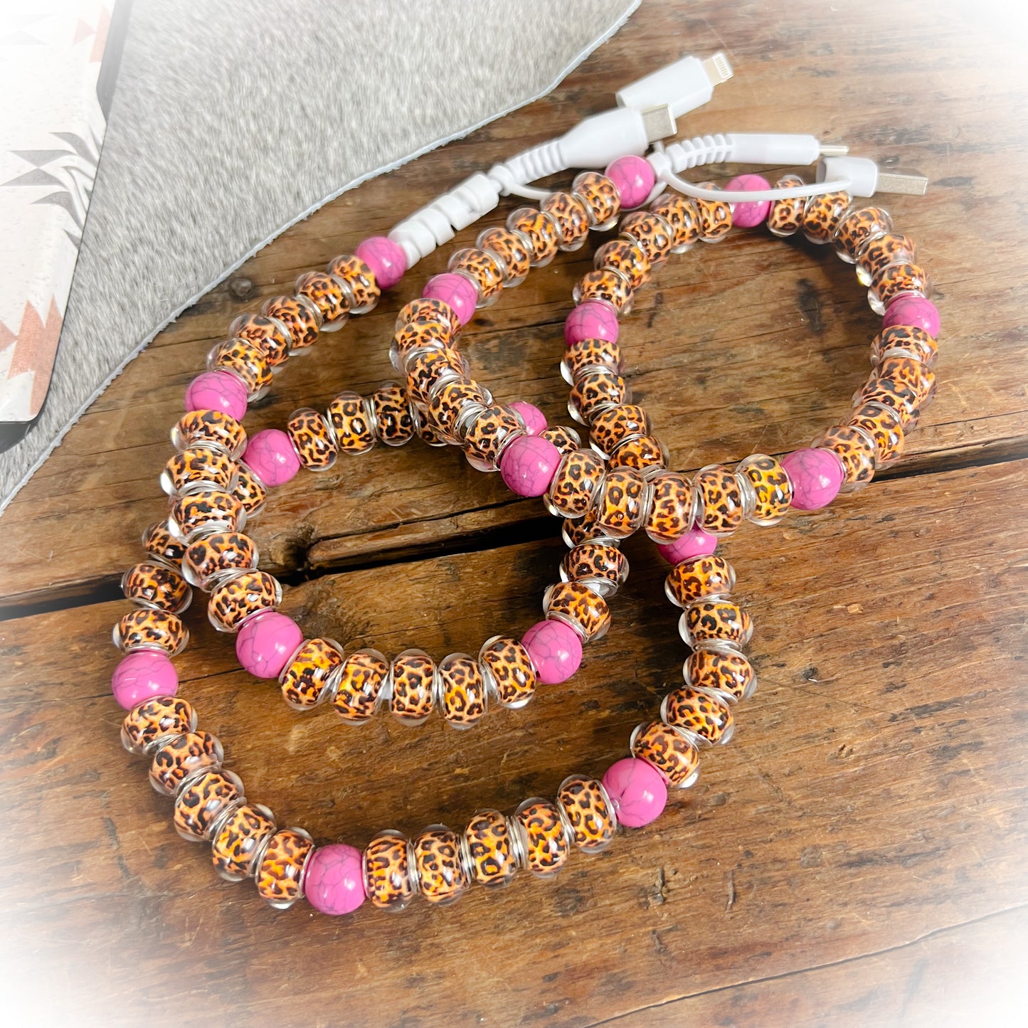 Pink & Cheetah Print Beaded Charging Cord