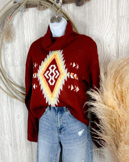 Aztec Turtleneck Sweater - Wine