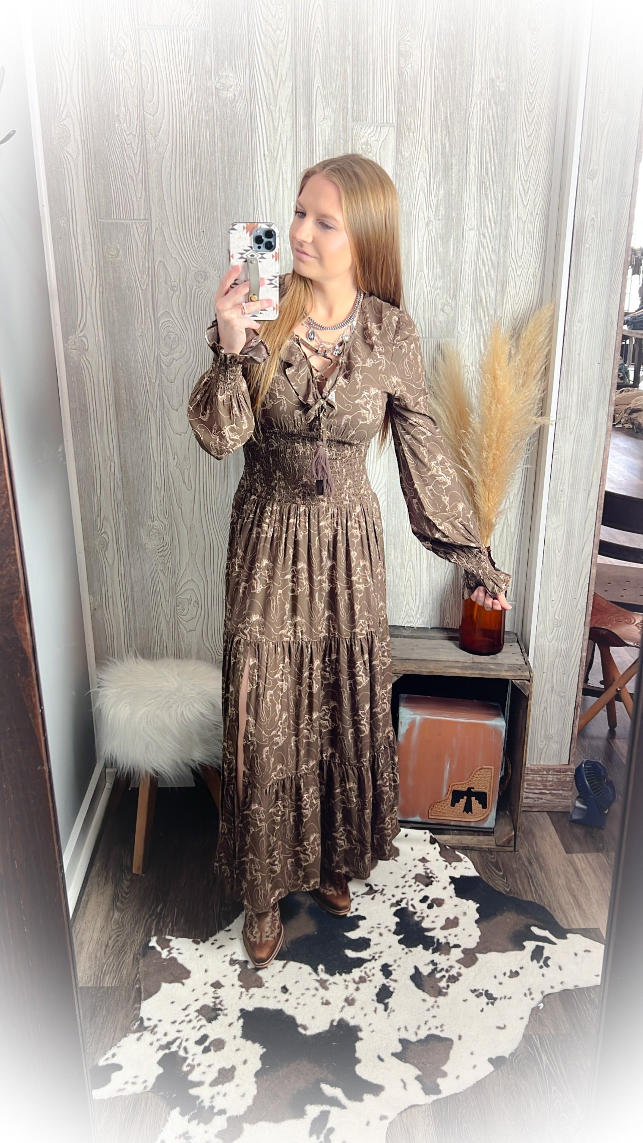 Cowgirl Rider Tiered Western Dress Brown Small Cowgirl Rider Tiered Western Dress Brown Small