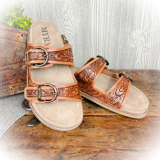 Desert Fern Western Tooled Leather Slide Sandals | Cushioned Tooled Leather Western Slides