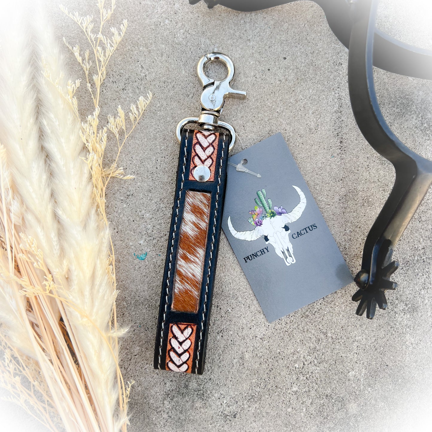 Braided Buckle Cowhide & Tooled Leather Western Keychain