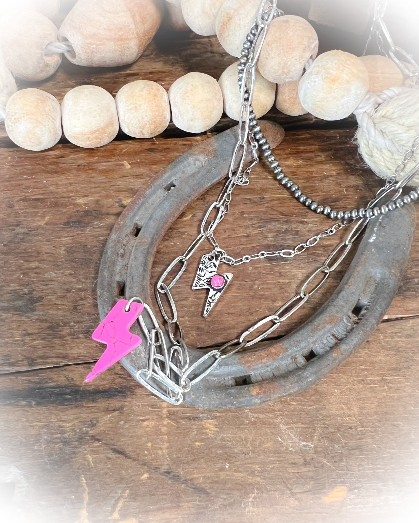 Lightning Bolt Layered Necklace - Hot Pink