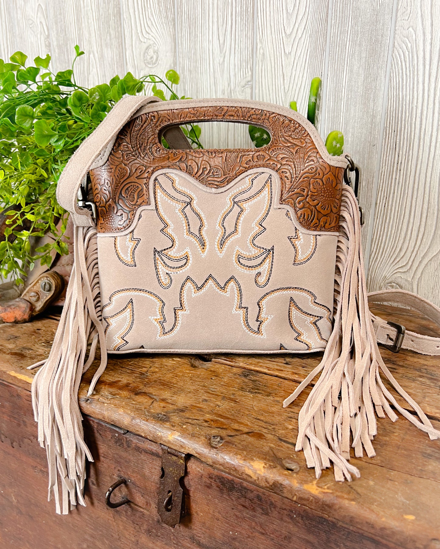 Desert Dreamer Tooled Leather Crossbody – Fringe & Boot Stitch Detail