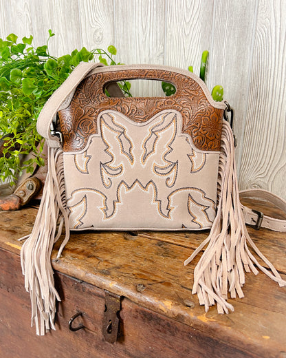 Desert Dreamer Tooled Leather Crossbody – Fringe & Boot Stitch Detail