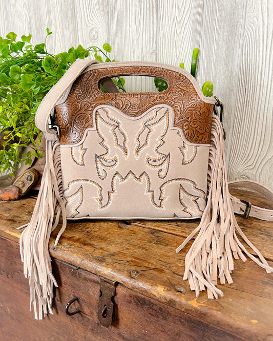 Desert Dreamer Tooled Leather Crossbody – Fringe & Boot Stitch Detail