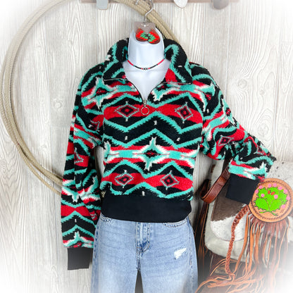 Aztec Sherpa Quarter Zip Sweater - Black