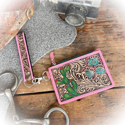 Prickly Cactus Pink Western Tooled Leather Card Holder
