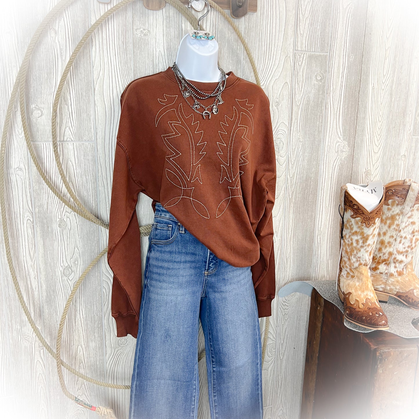 Bareback Jack Western Boot Stitch Crewneck Sweatshirt - Brown