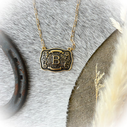 Western Buckle Initial Necklace - Antique Gold