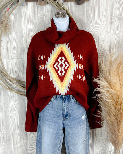 Aztec Turtleneck Sweater - Wine