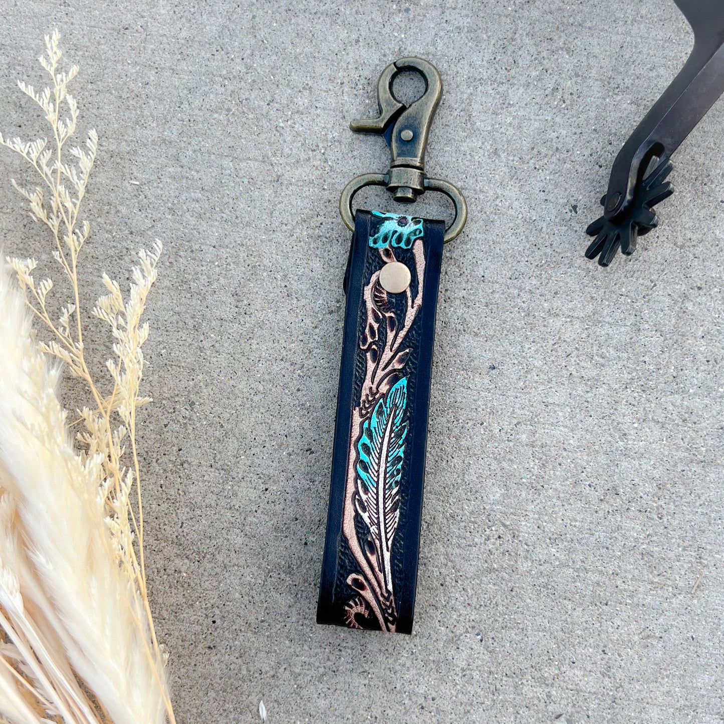 Canyon Feather Tooled Leather Keychain