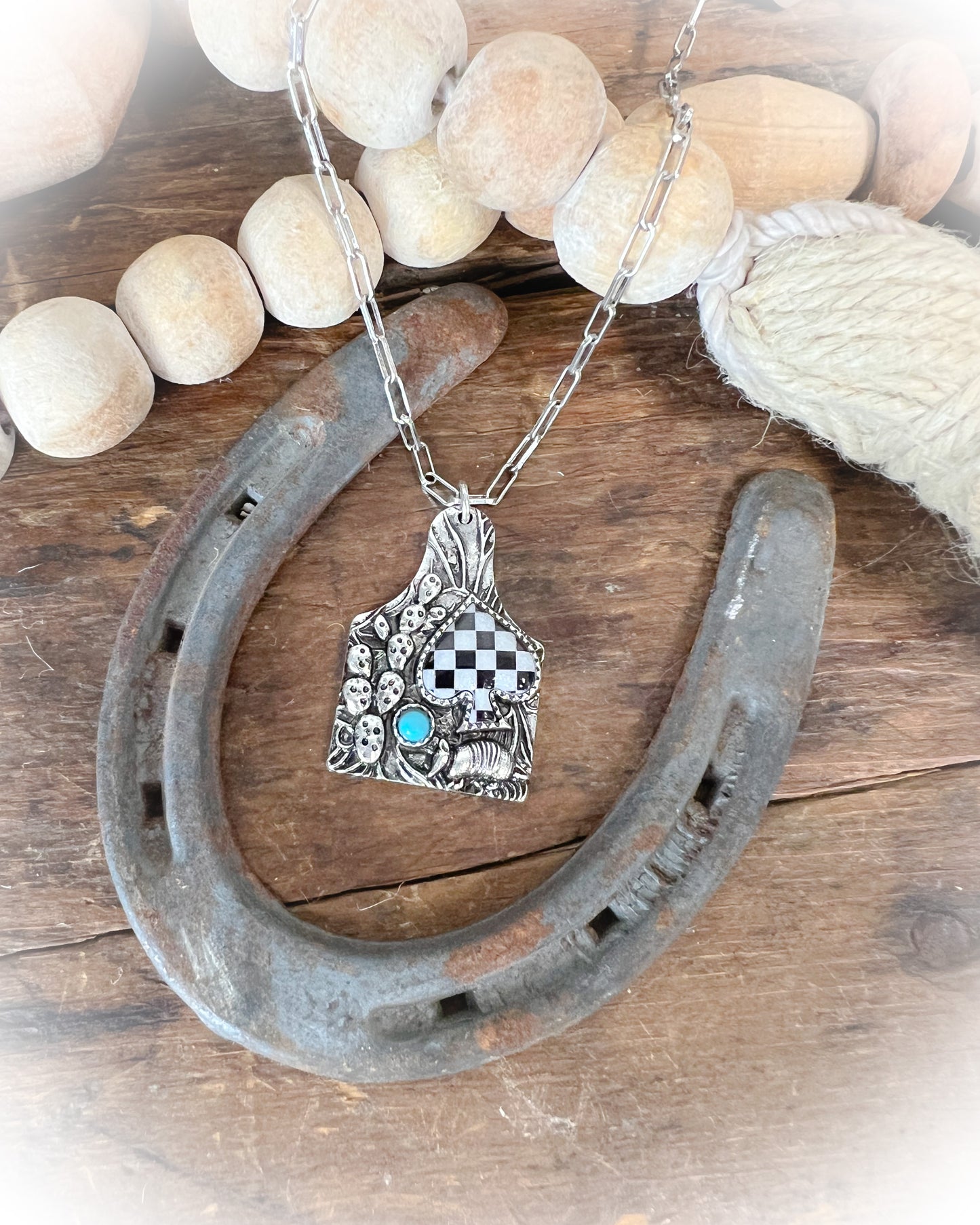 Outlaw Checker Spade Cow Tag Necklace