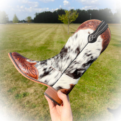 Classic Boujee Cowgirl Western Cowhide & Tooled Leather Boots - Square Toe*