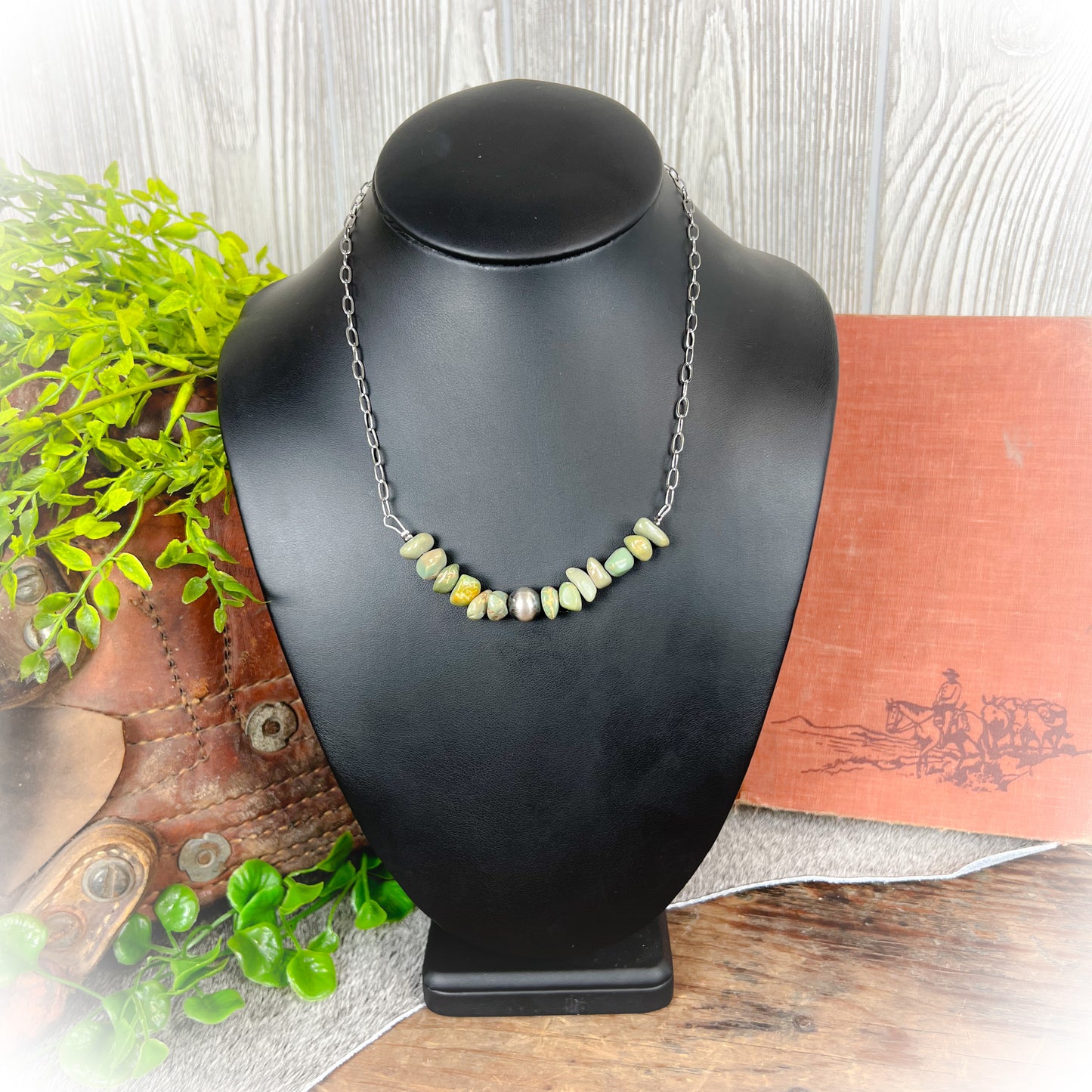 Sage – Green Turquoise Chip Stone Necklace with Sterling Silver Pearl