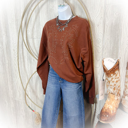 Bareback Jack Western Boot Stitch Crewneck Sweatshirt - Brown