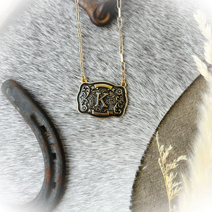 Western Buckle Initial Necklace - Antique Gold