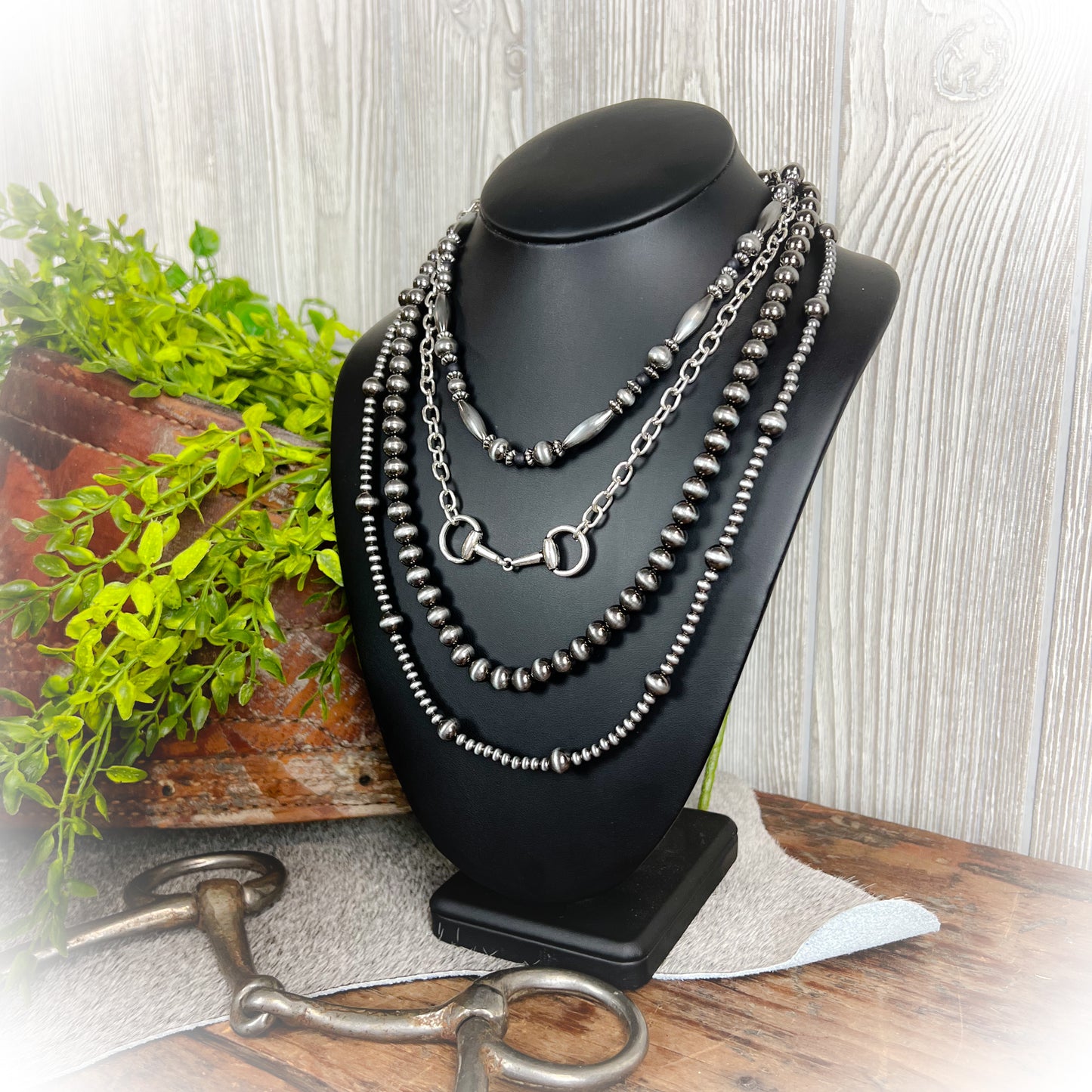 Layered Western Horse Bit Necklace – Faux Navajo Pearls | 4-Layer Statement Necklace