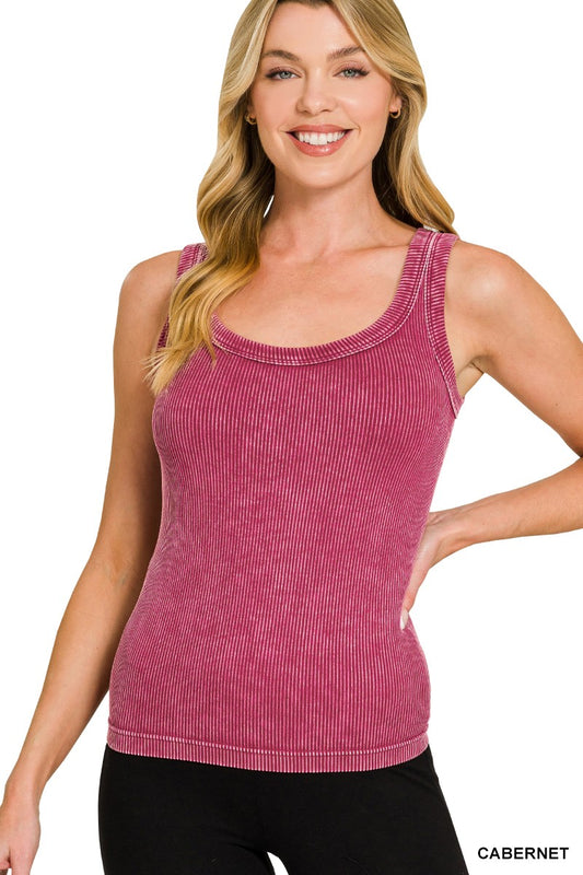 Tessa 2 Way Neckline Ribbed Seamless Tank Top for Women Scoop Neck Boat Neck Tank Soft Stretch Fitted Basic Punchy Cactus