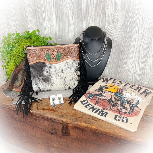 Western Outfit in a Bag – 4 Piece Cowgirl Style Bundle (Purse, Top, Earrings & Necklace)
