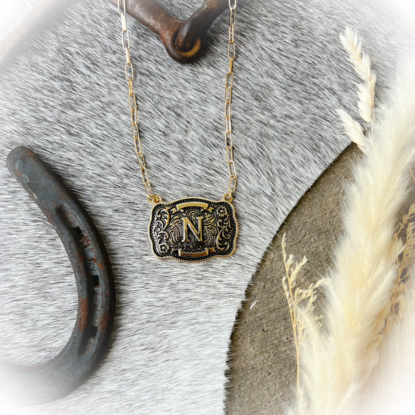 Western Buckle Initial Necklace - Antique Gold