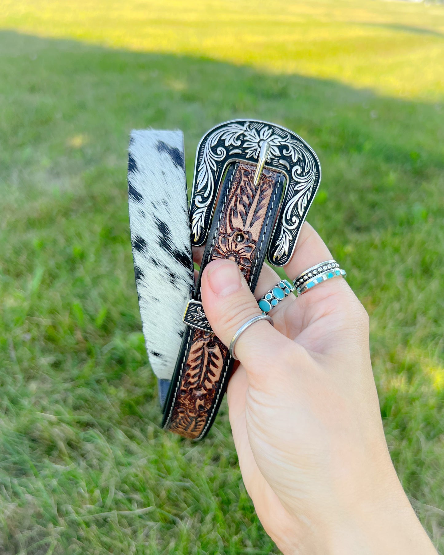 Dreamer Tooled Leather & Cowhide Western Belt