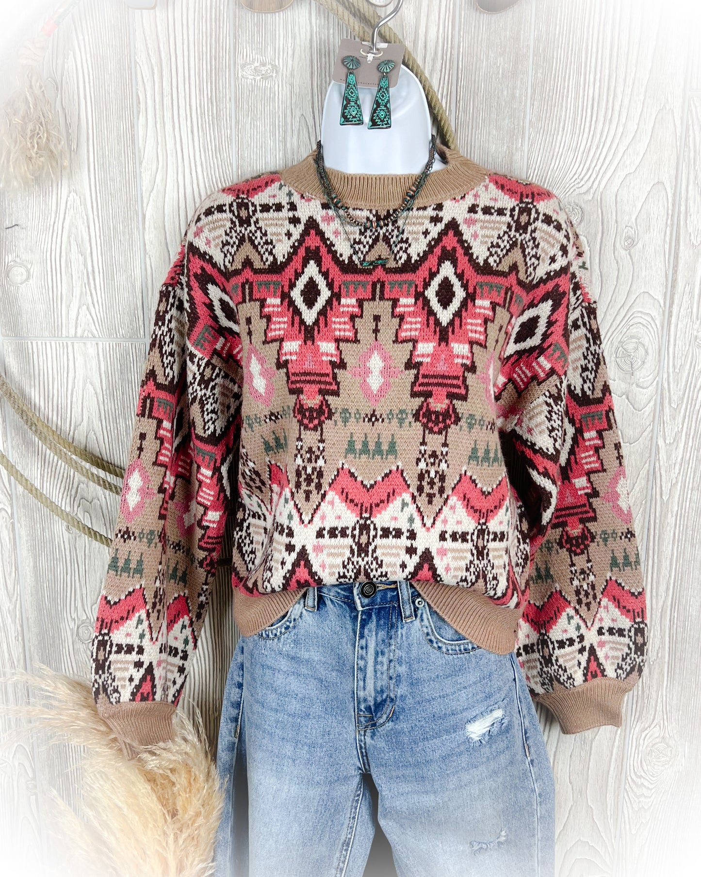 All Over Aztec Sweater - Rose