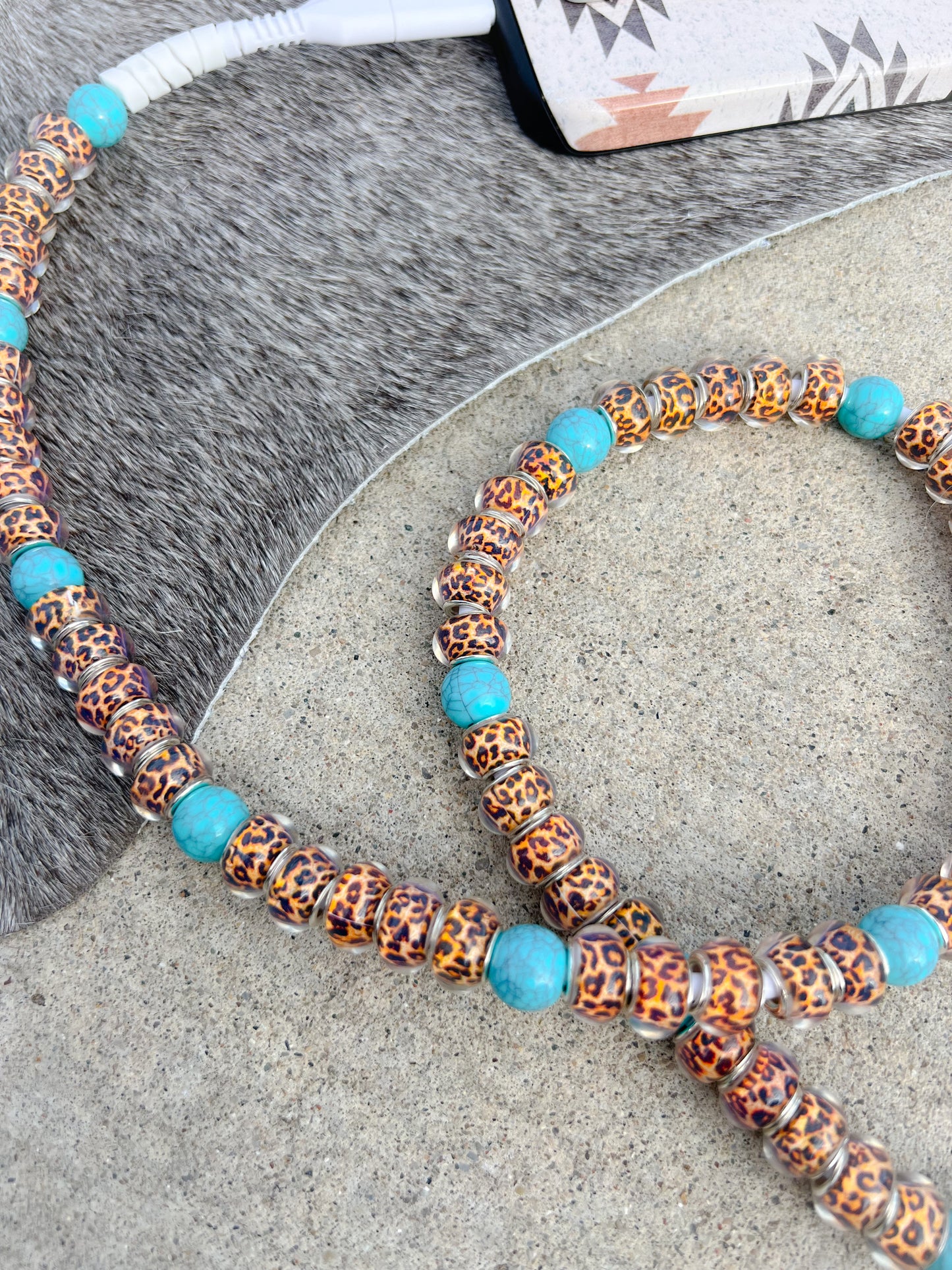 Cheetah Print & Turquoise Beaded Charging Cord