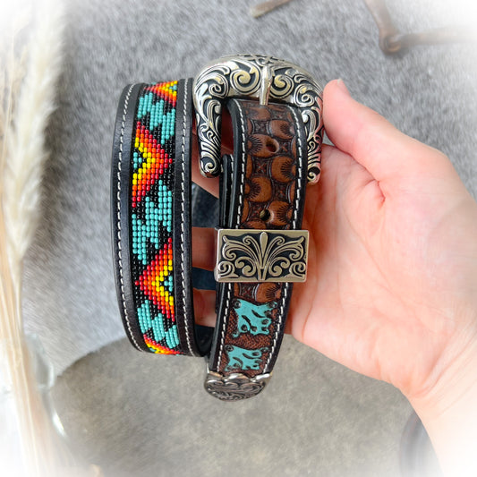 Moon Light Western Tooled Leather & Beaded Belt