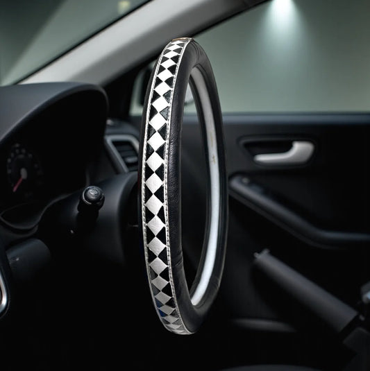 Black Checkmate Western Tooled Leather Steering Wheel Cover