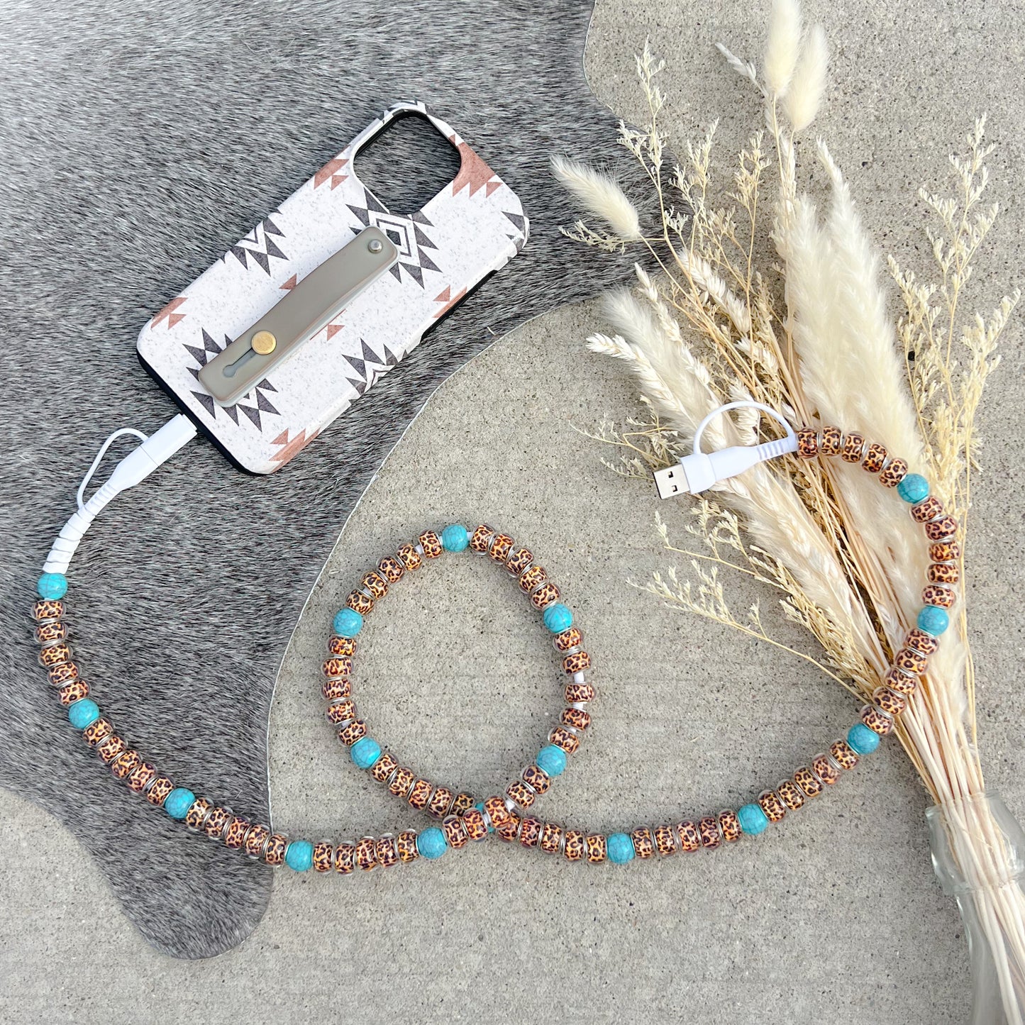 Cheetah Print & Turquoise Beaded Charging Cord