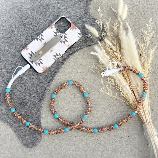 Cheetah Print & Turquoise Beaded Charging Cord