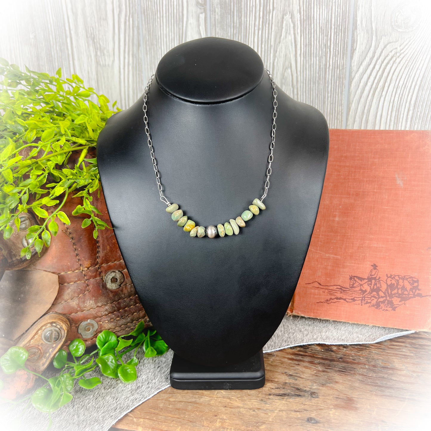 Sage – Green Turquoise Chip Stone Necklace with Sterling Silver Pearl
