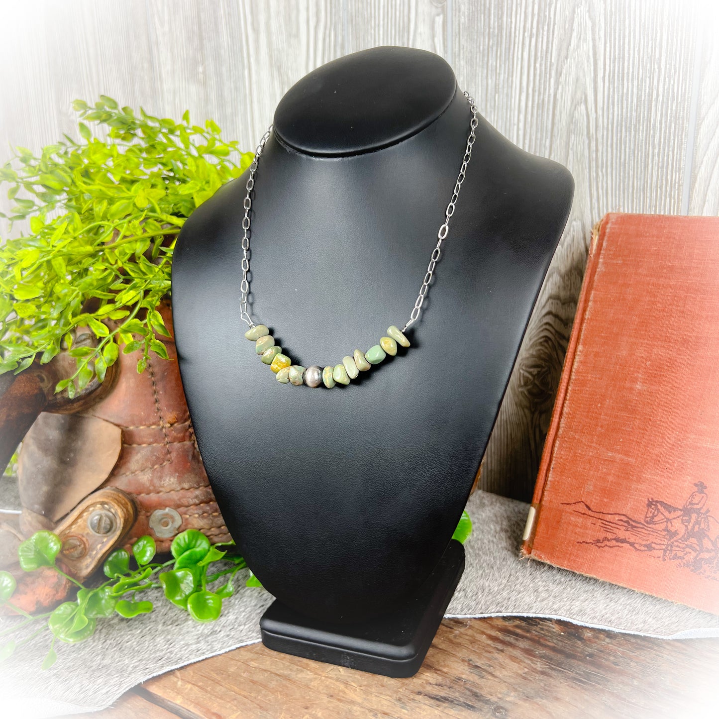 Sage – Green Turquoise Chip Stone Necklace with Sterling Silver Pearl