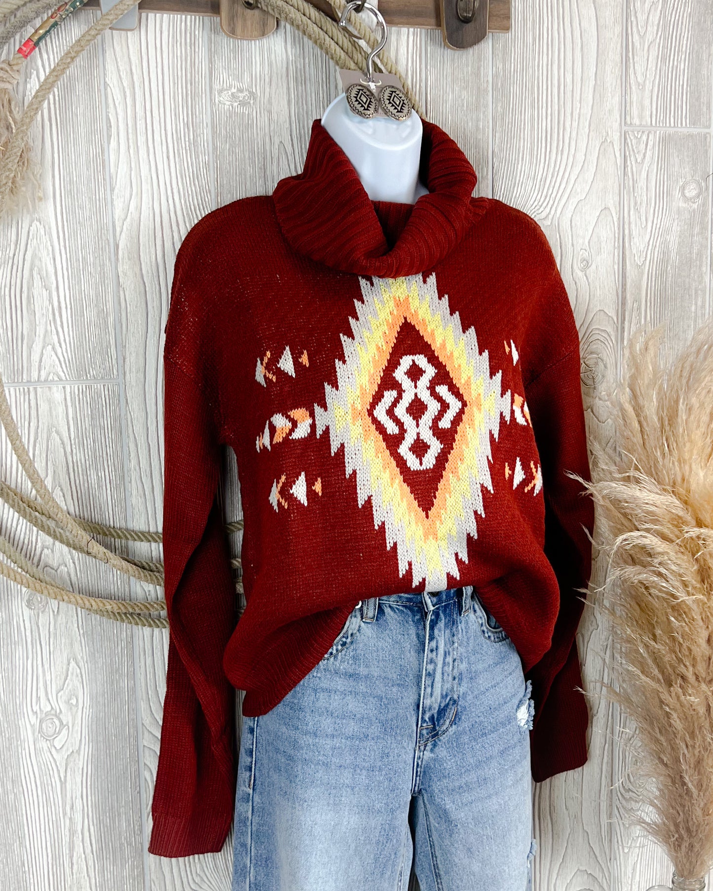 Aztec Turtleneck Sweater - Wine