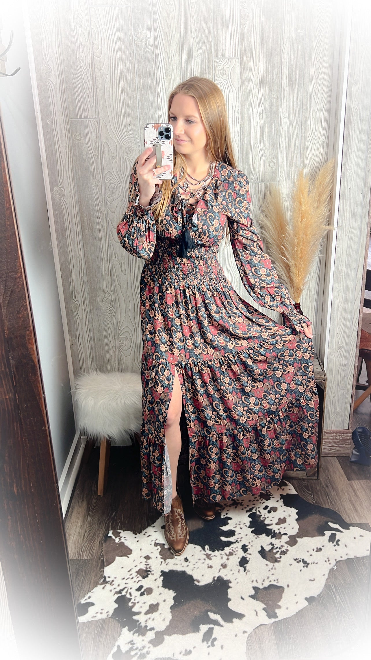 Navy Floral Horseshoe Western Dress