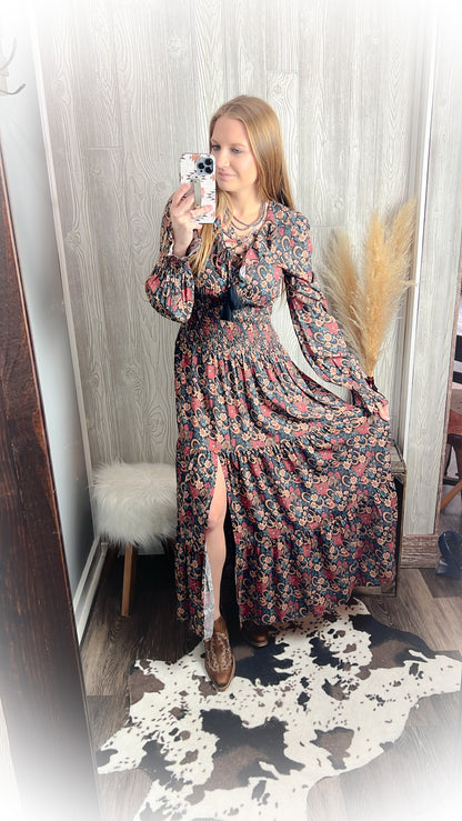 Navy Floral Horseshoe Western Dress