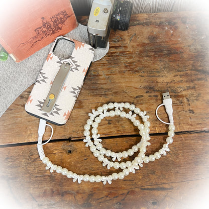 White Pearl & Bow Chic Beaded 4-in-1 Phone Charging Cord