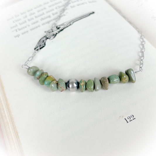 Sage – Green Turquoise Chip Stone Necklace with Sterling Silver Pearl