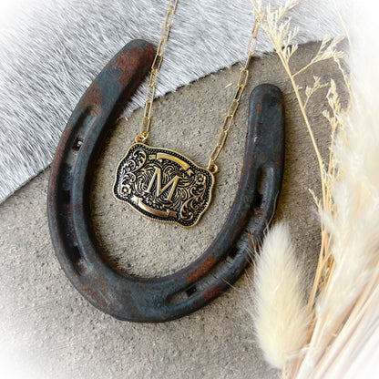Western Buckle Initial Necklace - Antique Gold