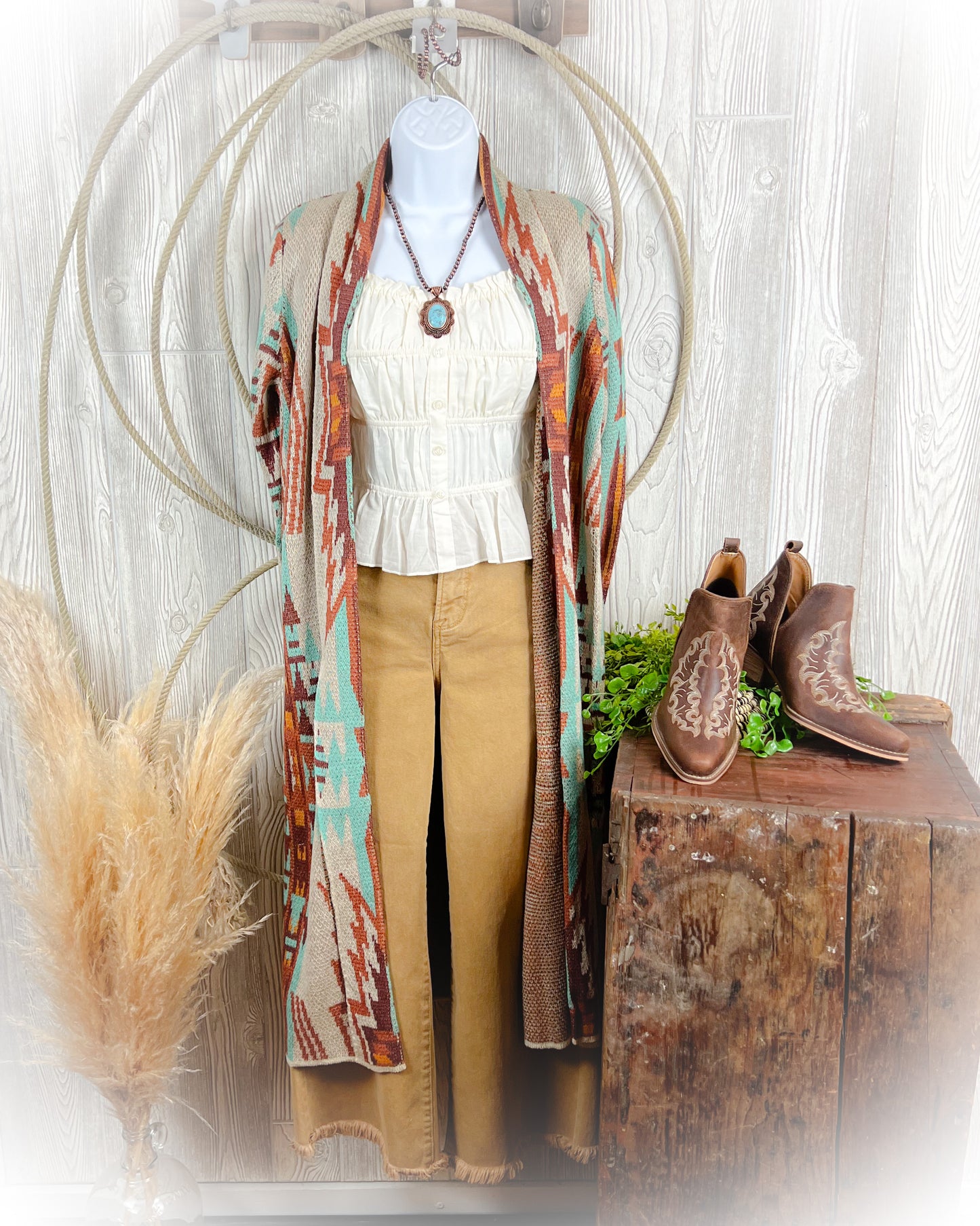 Fall Turquoise Canyon Aztec Duster Sweater Cardigan