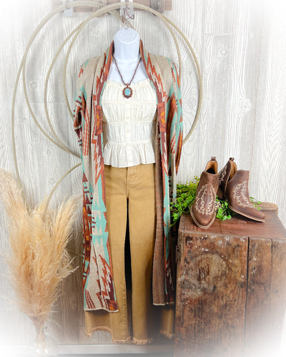 Fall Turquoise Canyon Aztec Duster Sweater Cardigan