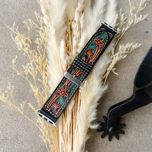 Turquoise Blossom Western Tooled Leather Watch Band - 38mm/40mm/41mm