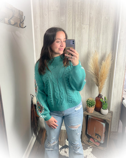 Western Aztec Sweater - Turquoise