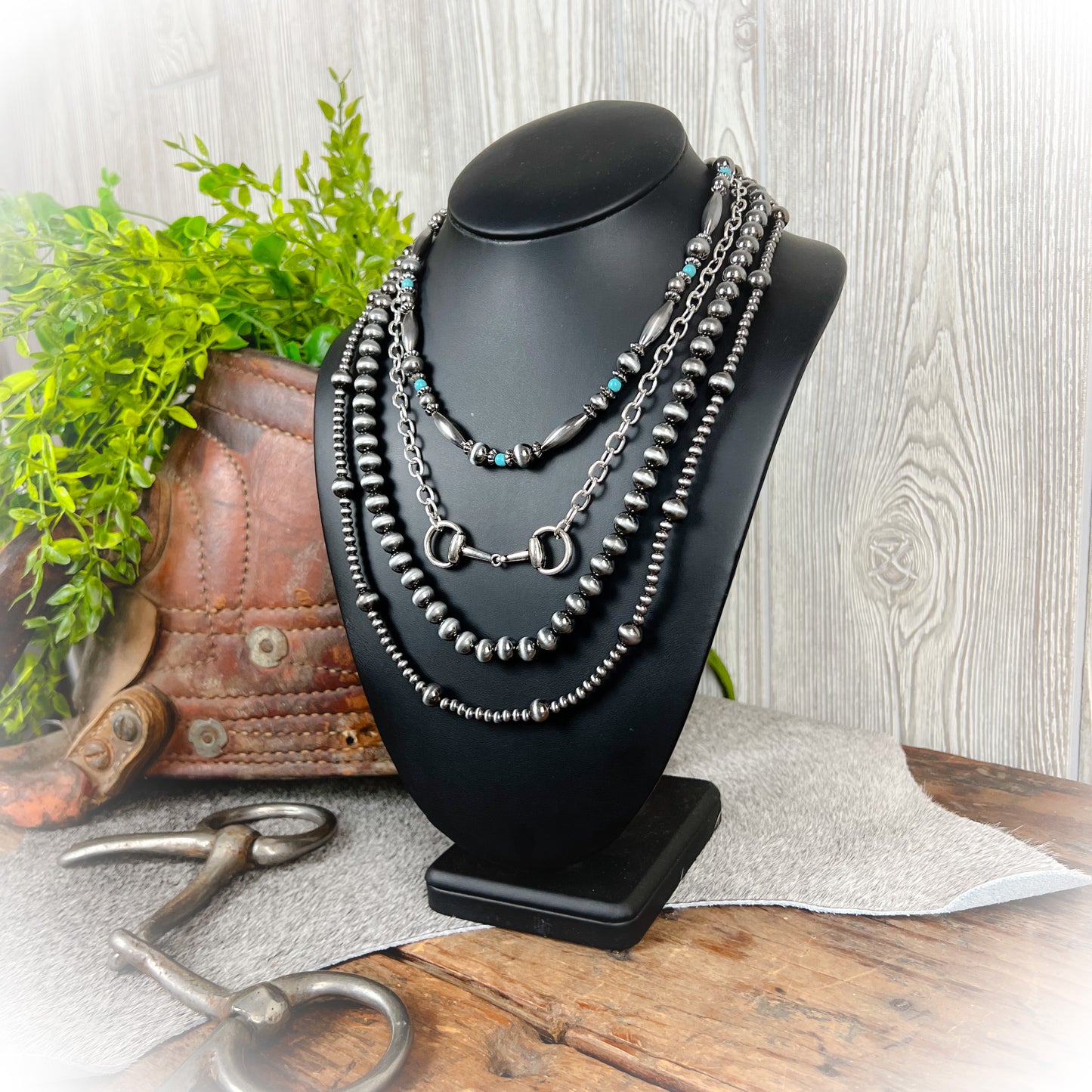 Turquoise Layered Western Horse Bit Necklace – Faux Navajo Pearls | 4-Layer Statement Necklace