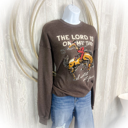 “The Lord Is On My Side” Western Cowboy Graphic Pullover – Mineral Brown Christian Rodeo Sweatshirt (Psalm 118:6)