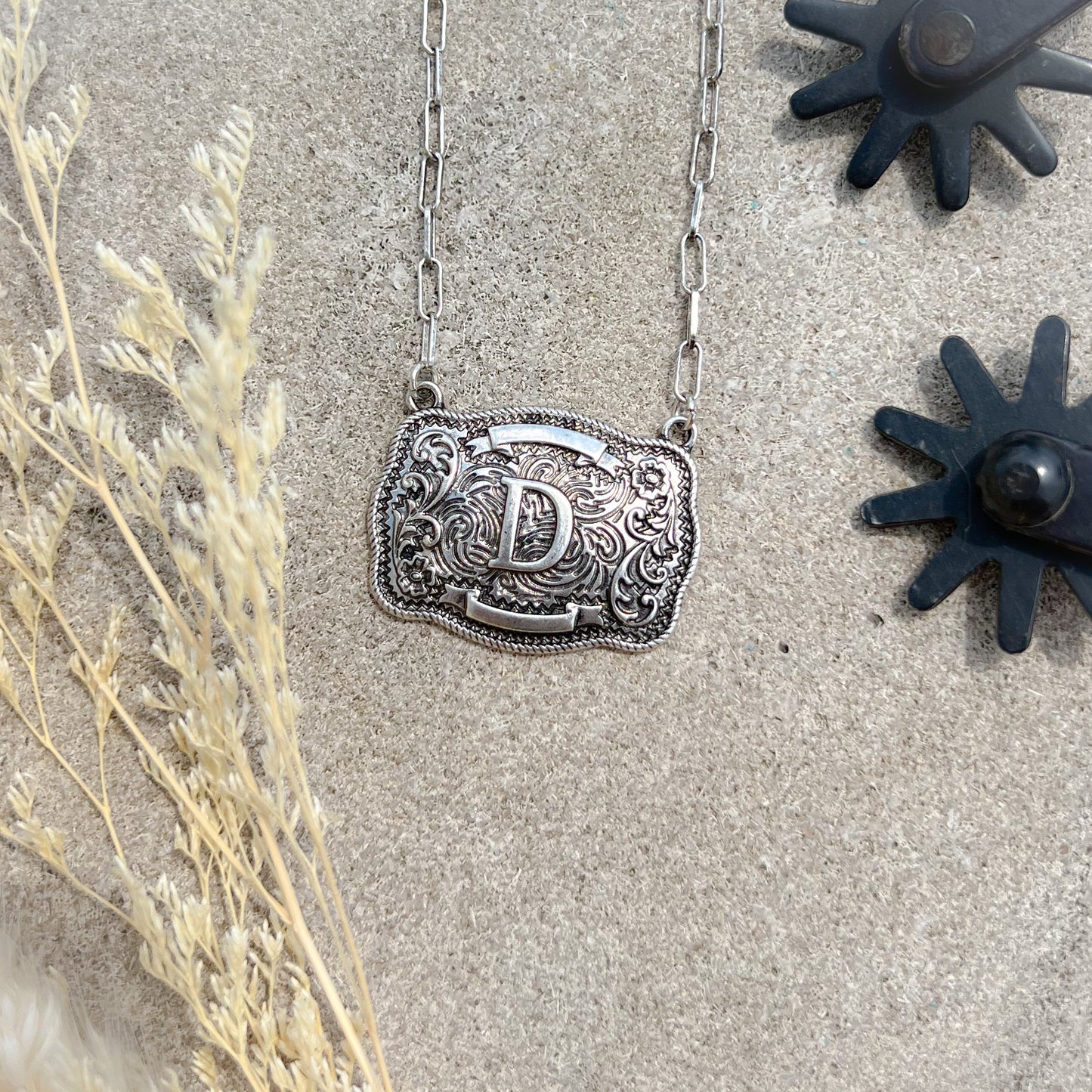 Western Buckle Initial Necklace – Bold Letter Pendant on Paperclip Chain